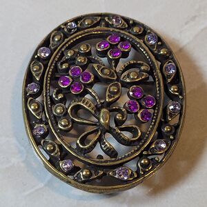 Vintage Gemstone Gold and Purple Flower Brooch Pin With Rhinestones EUC